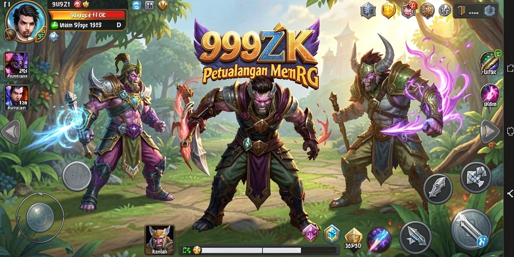 Screenshot utama 999ZK menampilkan pertarungan epik karakter dalam dunia RPG.