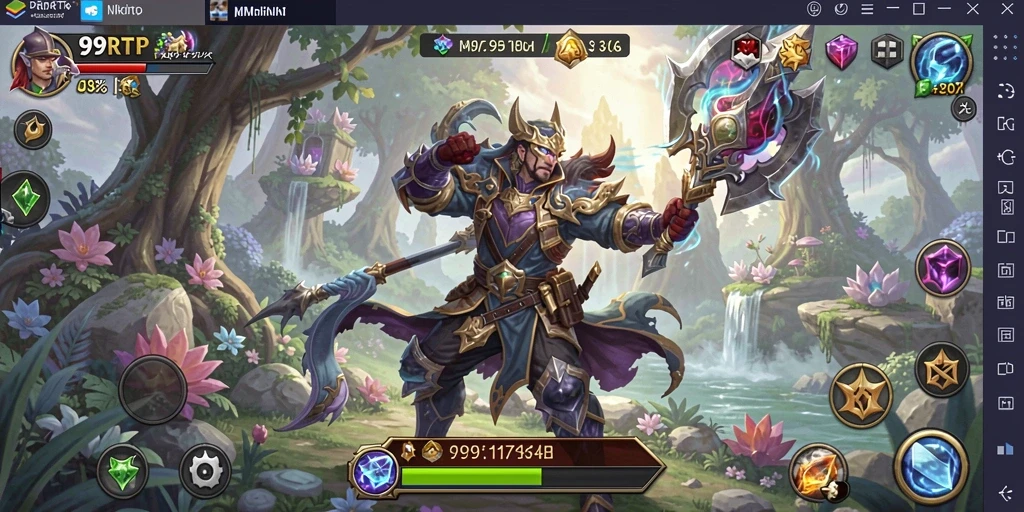 Screenshot gameplay 99RTP menunjukkan karakter bertarung melawan monster fantastis.