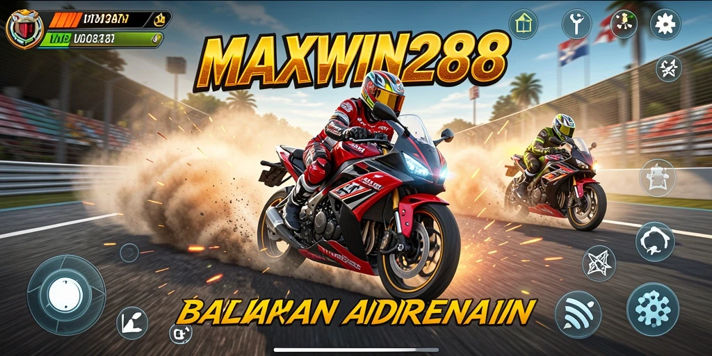 Screenshot gameplay MAXWIN288 menunjukkan balapan motor yang mendebarkan dan penuh aksi.