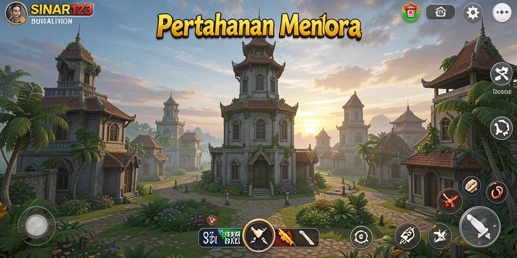 Screenshot gameplay menunjukkan menara pertahanan melawan gelombang musuh.