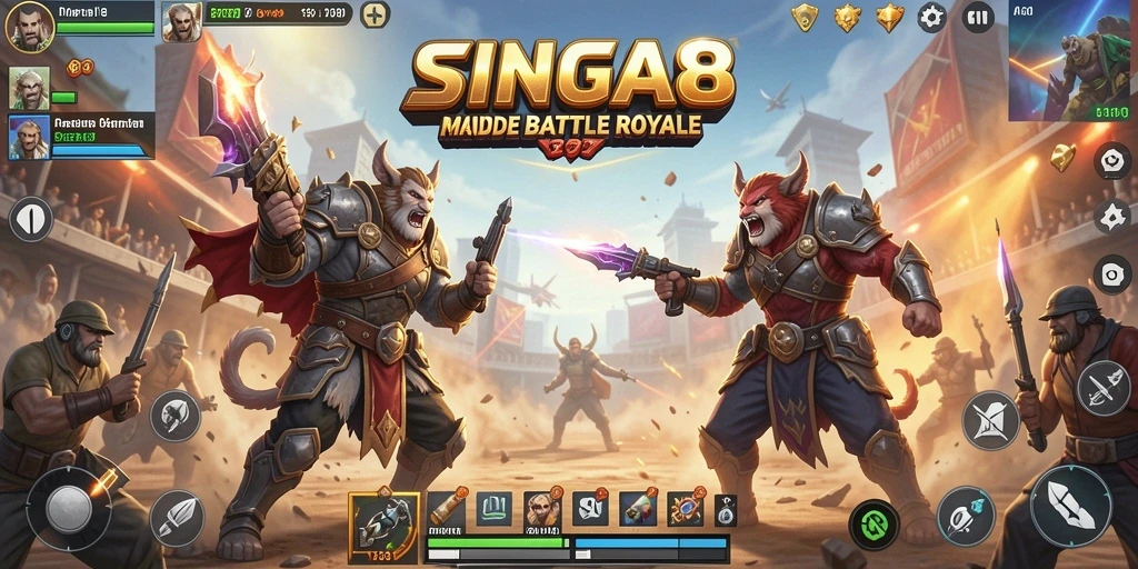 Screenshot SINGA8 menampilkan aksi pertempuran seru dalam mode Battle Royale.